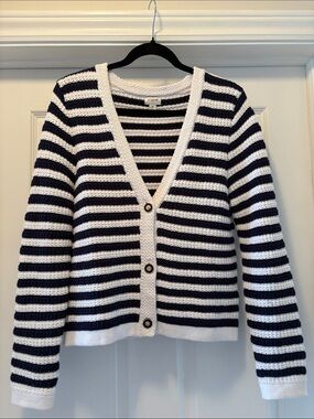 J. Crew Women's Navy and White Striped V-Neck Cardigan Sweater